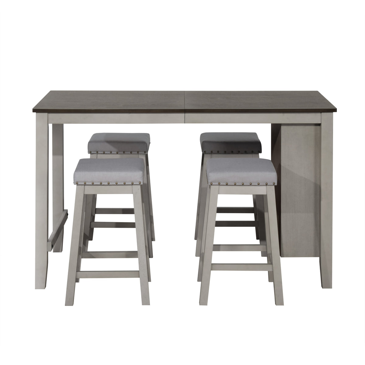 5-Piece Africa Counter Height Dining Set, Antique Gray/Warm Gray, Rectangular table with shelves, Armless cushioned chairs, Comfortable seating, Modern style, Space-saving, Durable construction