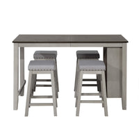 5-Piece Africa Counter Height Dining Set, Antique Gray/Warm Gray, Rectangular table with shelves, Armless cushioned chairs, Comfortable seating, Modern style, Space-saving, Durable construction