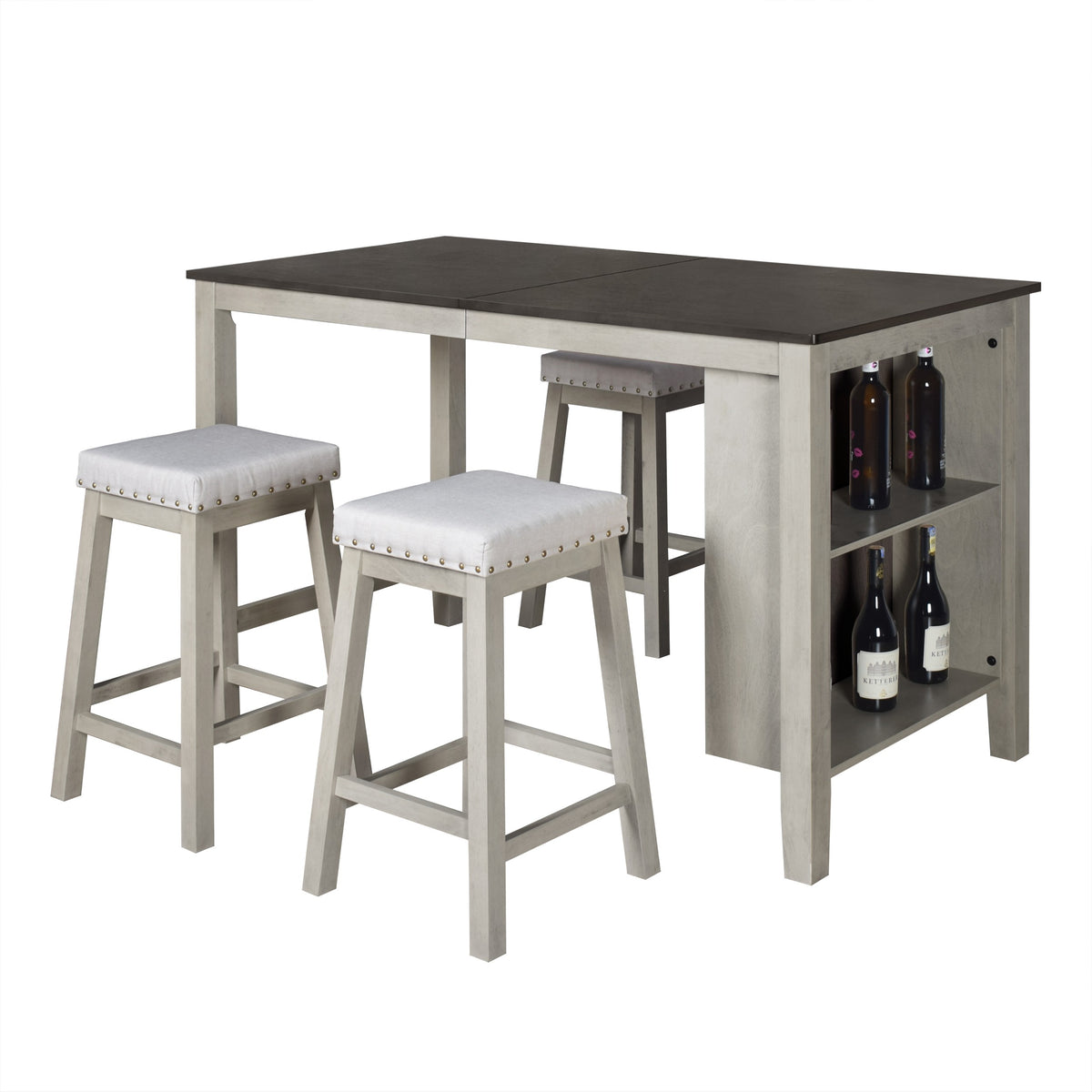 5-Piece Africa Counter Height Dining Set, Antique Gray/Warm Gray, Rectangular table with shelves, Armless cushioned chairs, Comfortable seating, Modern style, Space-saving, Durable construction