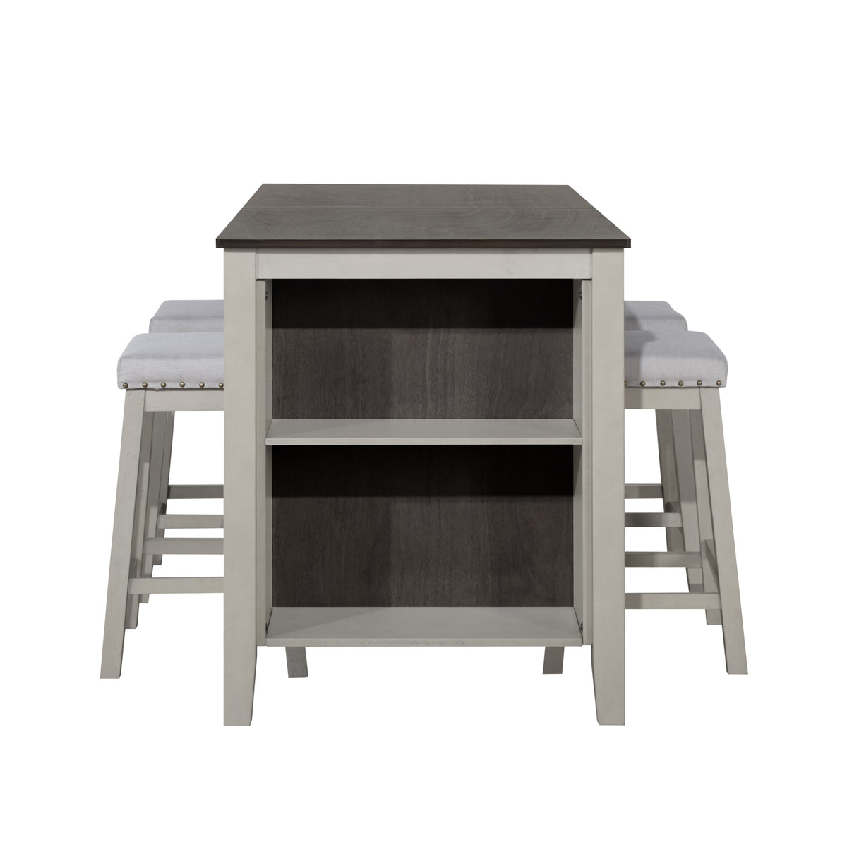 5-Piece Africa Counter Height Dining Set, Antique Gray/Warm Gray, Rectangular table with shelves, Armless cushioned chairs, Comfortable seating, Modern style, Space-saving, Durable construction