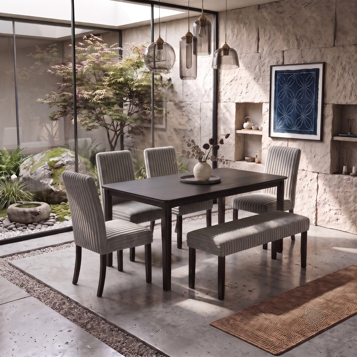 Guysaka 6-Piece Dining Set with Modern Rectangular Table, 4 Upholstered Corduroy Dining Chairs & Upholstered Bench