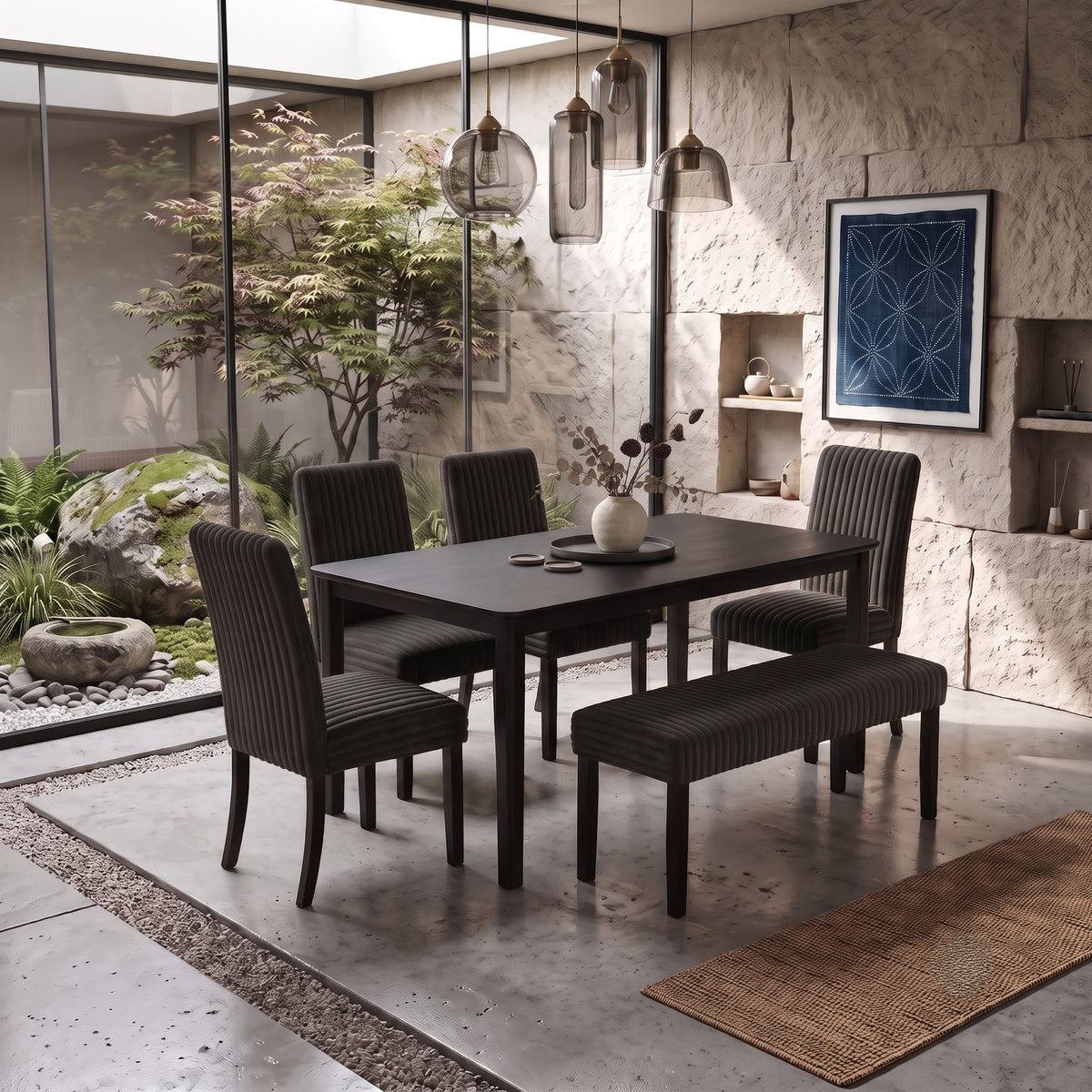 Guysaka 6-Piece Dining Set with Modern Rectangular Table, 4 Upholstered Corduroy Dining Chairs & Upholstered Bench