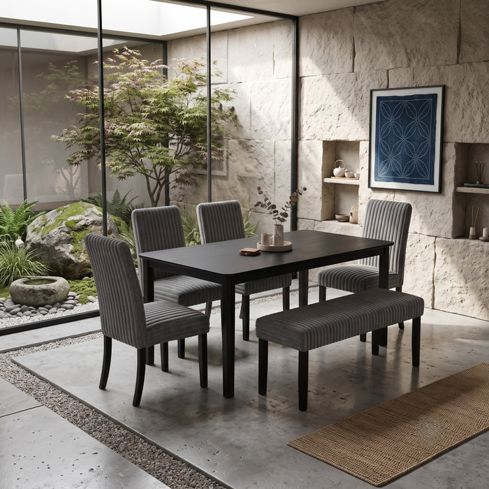Guysaka 6-Piece Dining Set with Modern Rectangular Table, 4 Upholstered Corduroy Dining Chairs & Upholstered Bench