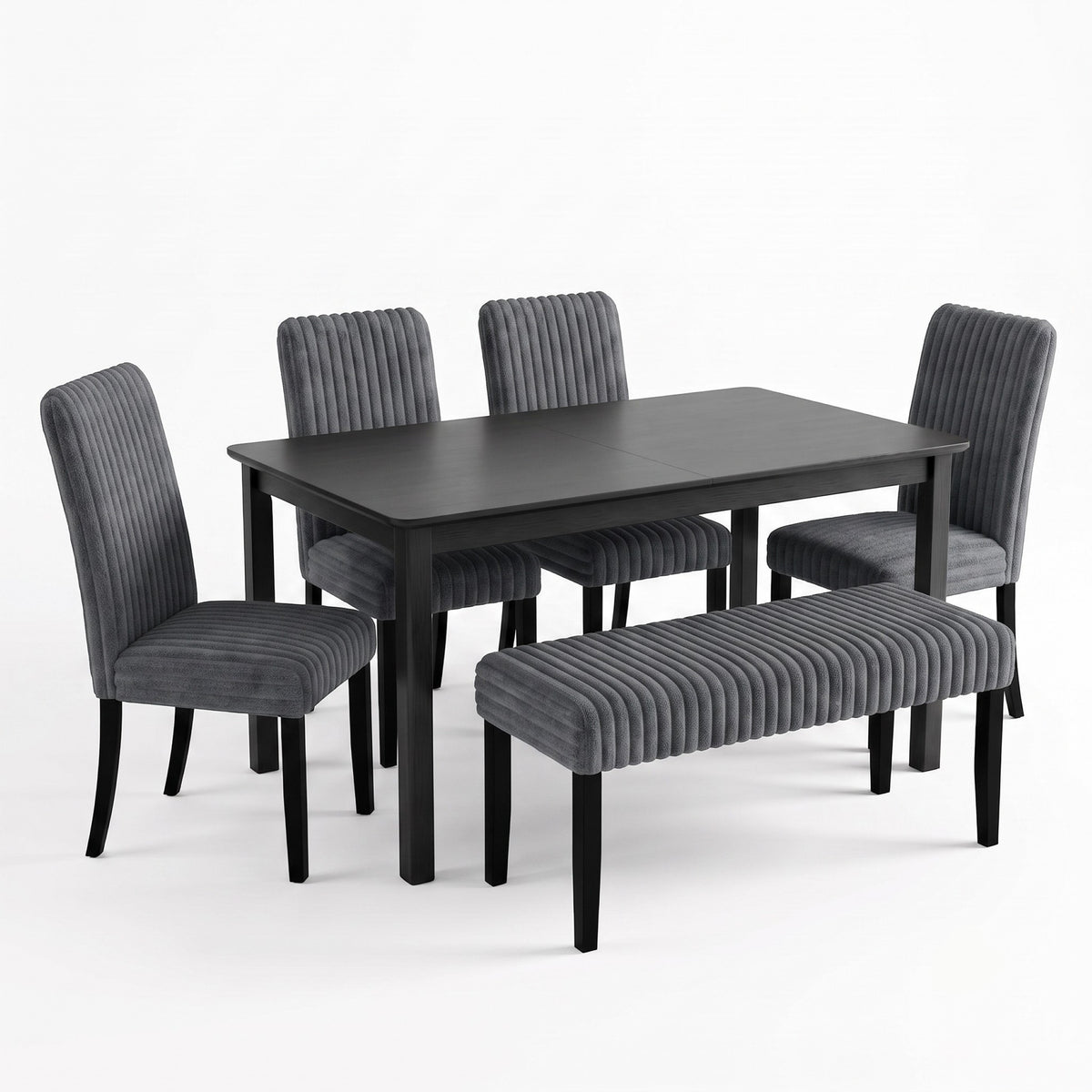 Guysaka 6-Piece Dining Set with Modern Rectangular Table, 4 Upholstered Corduroy Dining Chairs & Upholstered Bench