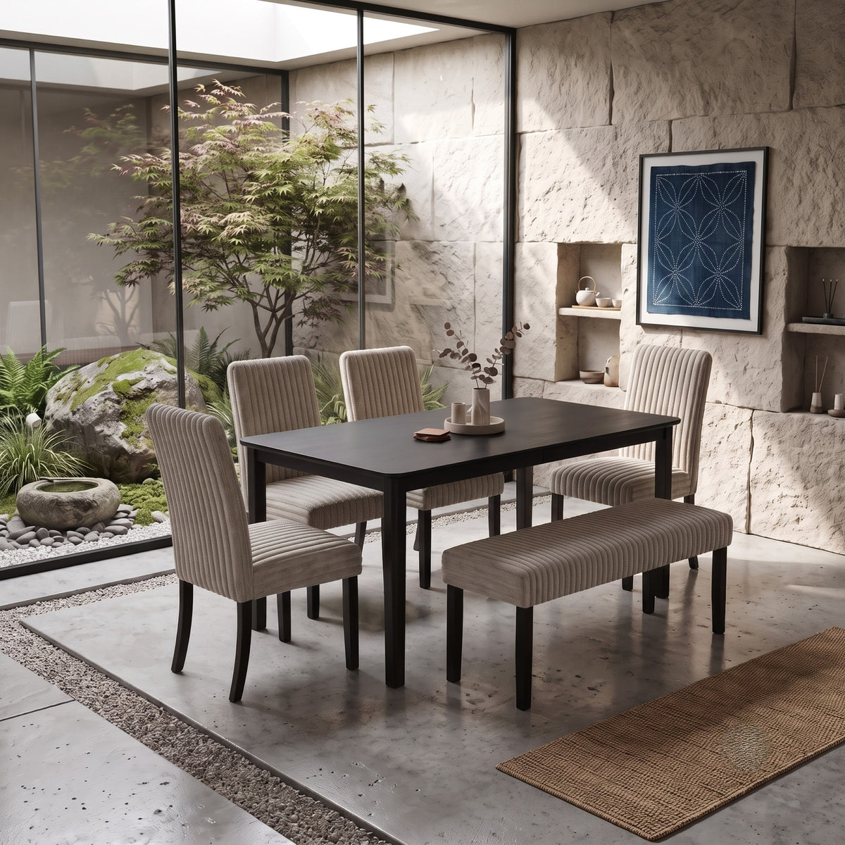 Guysaka 6-Piece Dining Set with Modern Rectangular Table, 4 Upholstered Corduroy Dining Chairs & Upholstered Bench