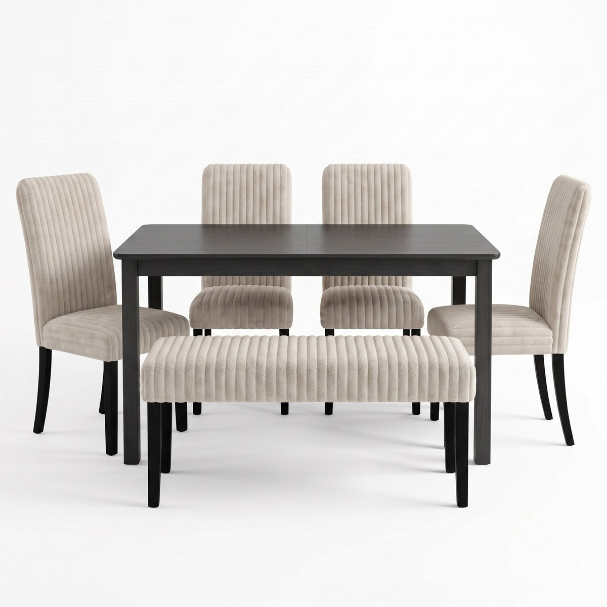 Guysaka 6-Piece Dining Set with Modern Rectangular Table, 4 Upholstered Corduroy Dining Chairs & Upholstered Bench