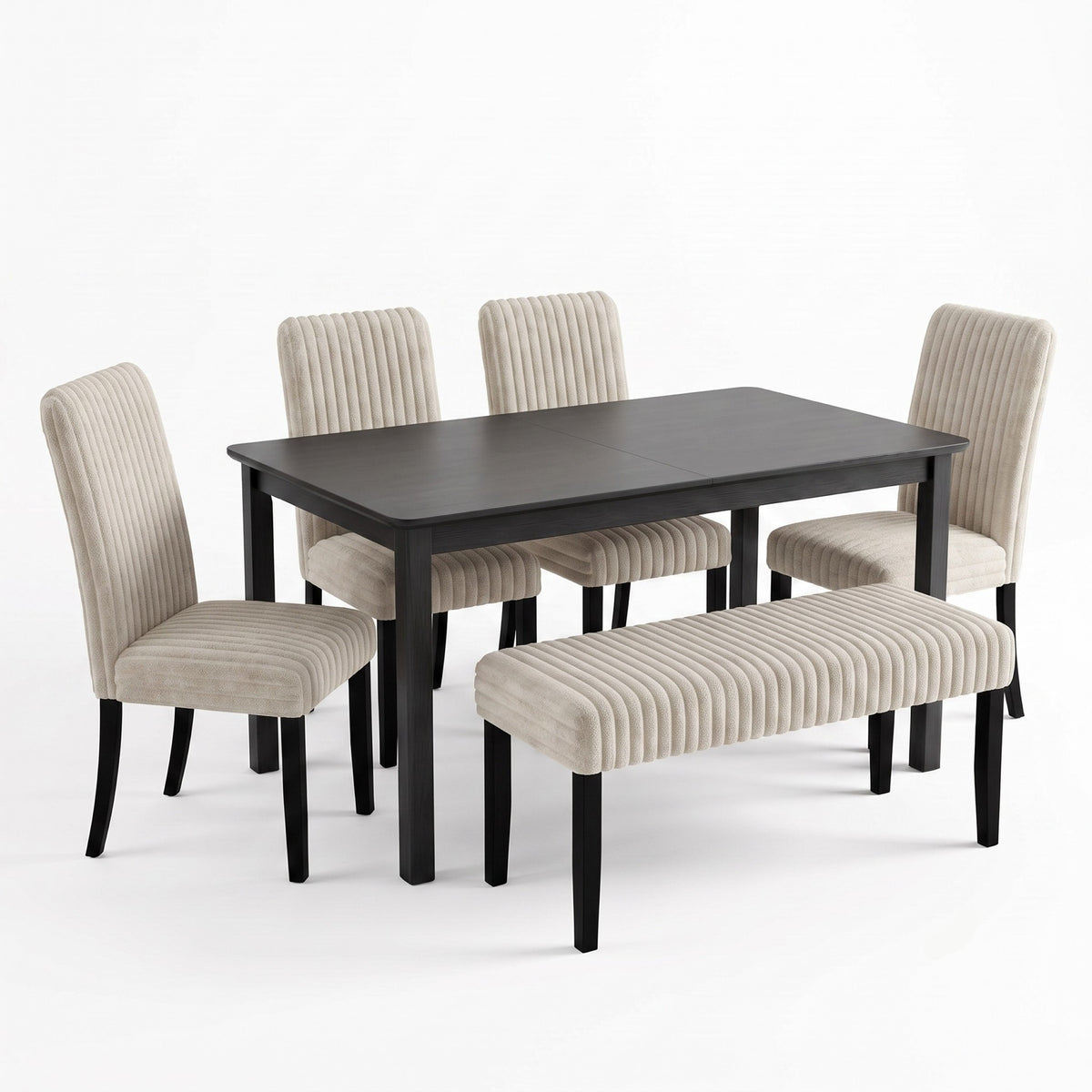 Guysaka 6-Piece Dining Set with Modern Rectangular Table, 4 Upholstered Corduroy Dining Chairs & Upholstered Bench