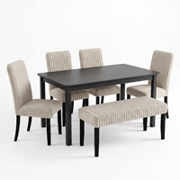 Guysaka 6-Piece Dining Set with Modern Rectangular Table, 4 Upholstered Corduroy Dining Chairs & Upholstered Bench
