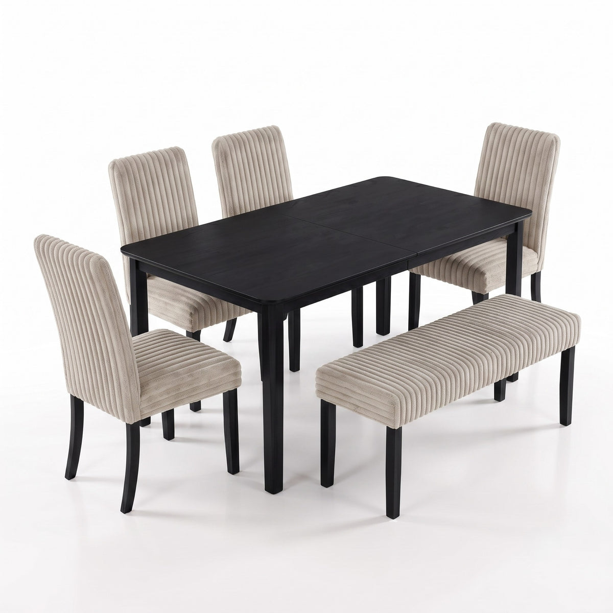 Guysaka 6-Piece Dining Set with Modern Rectangular Table, 4 Upholstered Corduroy Dining Chairs & Upholstered Bench