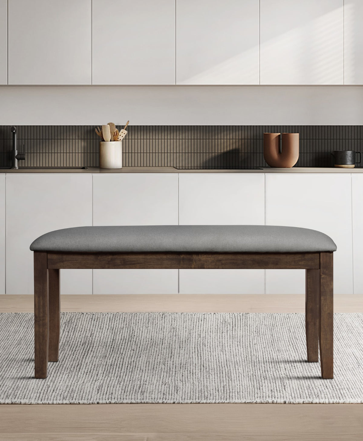 Oden Dining Bench, Brown/Gray, Rectangular seat, Padded cushion, Upholstered in soft gray fabric, X-shaped base, Comfortable seating, Rustic-modern style, Durable construction