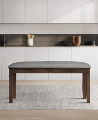 Oden Dining Bench, Brown/Gray, Rectangular seat, Padded cushion, Upholstered in soft gray fabric, X-shaped base, Comfortable seating, Rustic-modern style, Durable construction