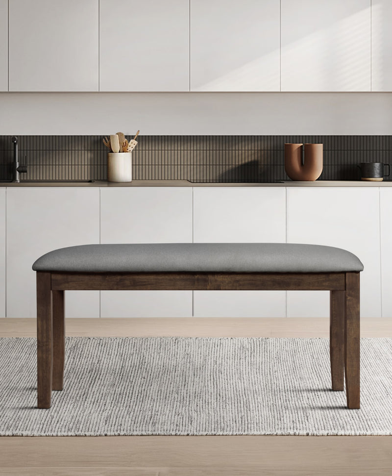 Oden Dining Bench, Brown/Gray, Rectangular seat, Padded cushion, Upholstered in soft gray fabric, X-shaped base, Comfortable seating, Rustic-modern style, Durable construction