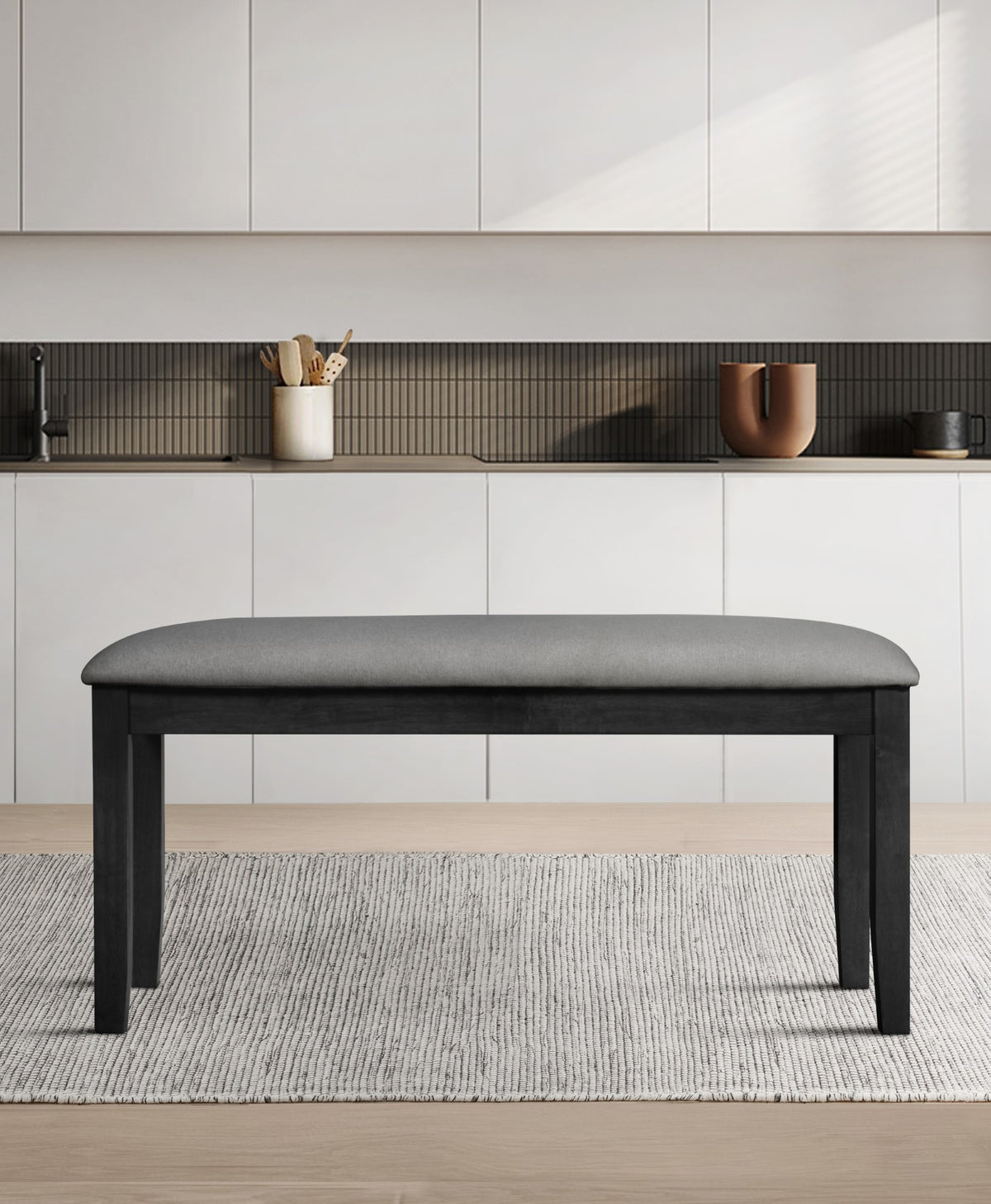 Oden Dining Bench, Brown/Gray, Rectangular seat, Padded cushion, Upholstered in soft gray fabric, X-shaped base, Comfortable seating, Rustic-modern style, Durable construction