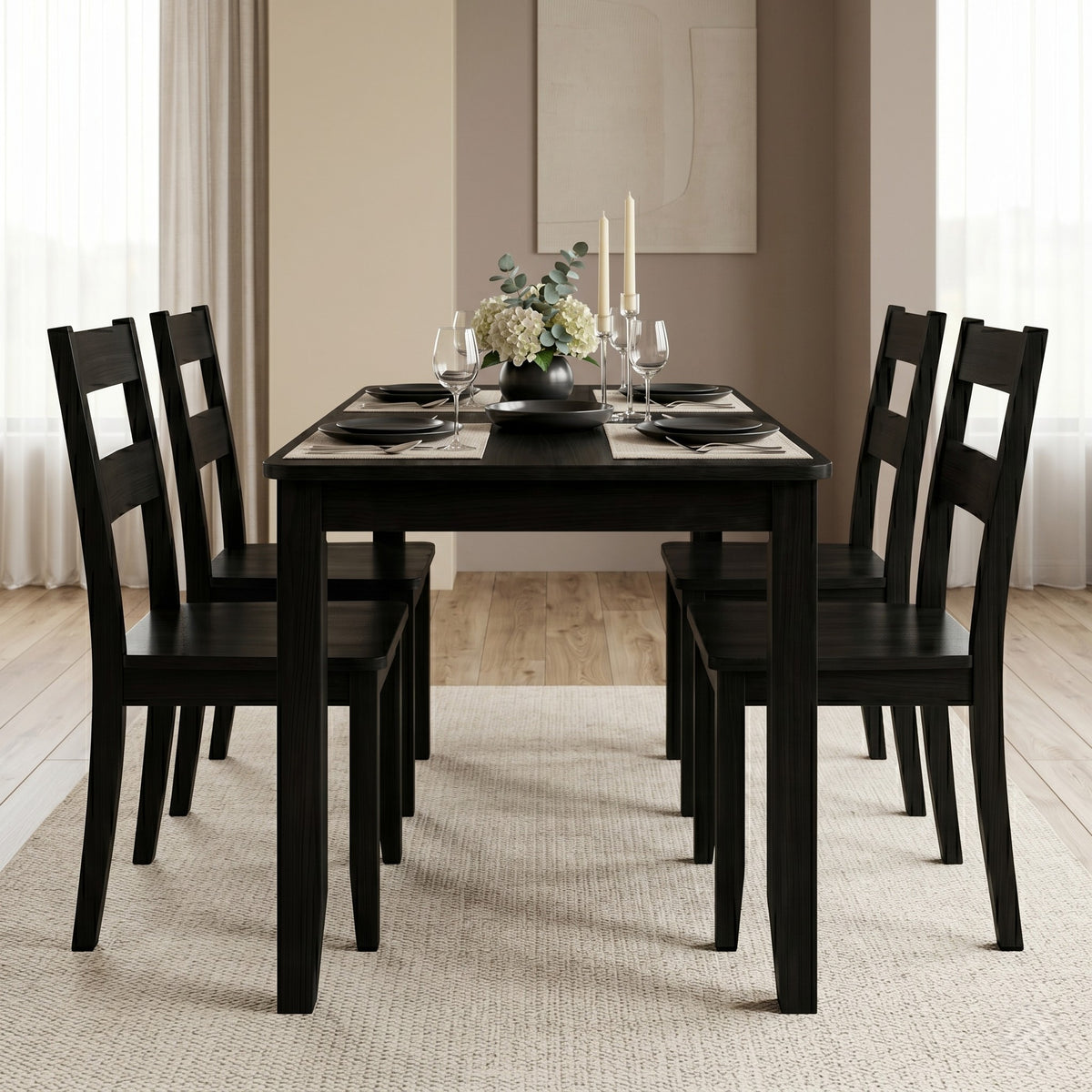 Home Design Nome 5-Piece Dining Set with Rectangular Table and Ladder-Back Chairs, Black, Transitional Wood Dining Furniture