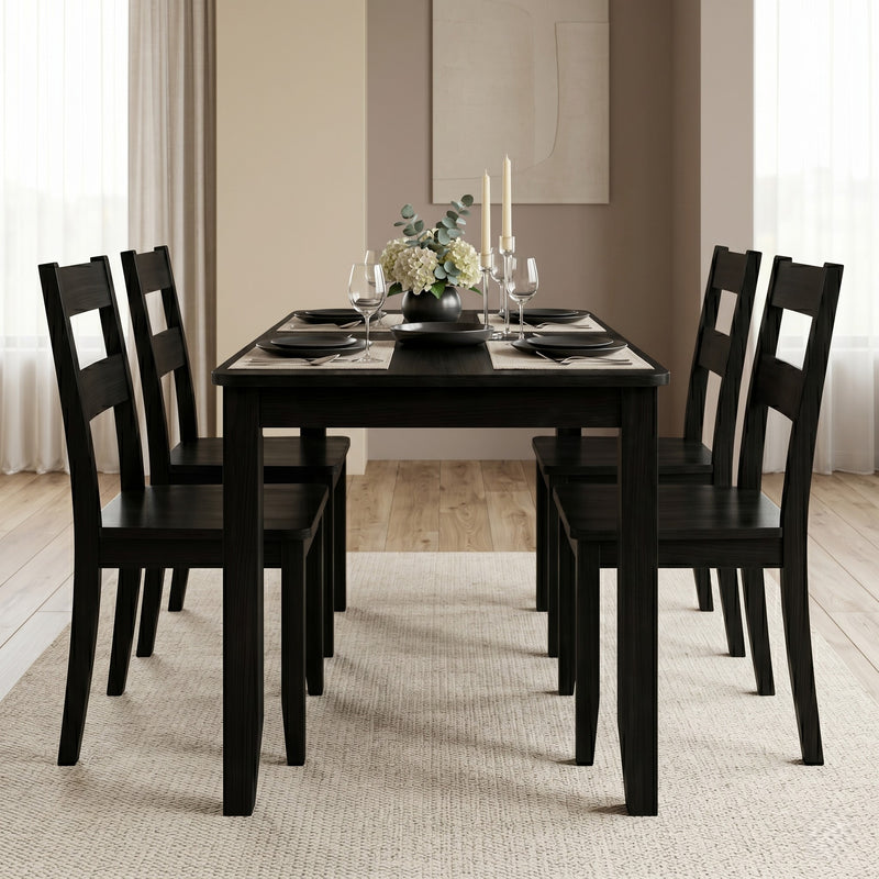Home Design Nome 5-Piece Dining Set with Rectangular Table and Ladder-Back Chairs, Black, Transitional Wood Dining Furniture