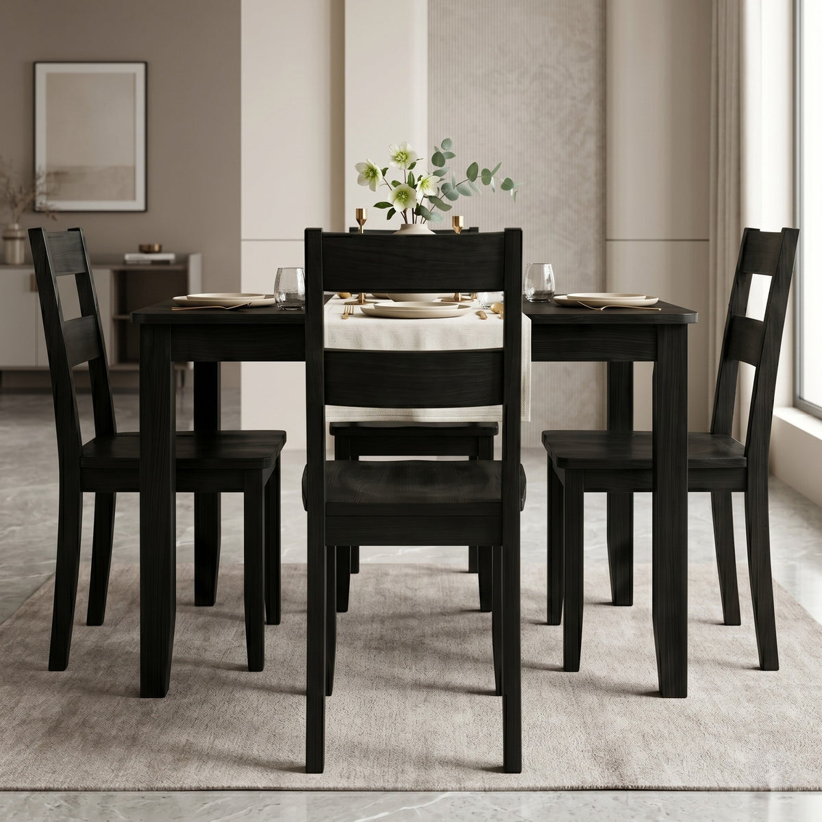Home Design Nome 5-Piece Dining Set with Rectangular Table and Ladder-Back Chairs, Black, Transitional Wood Dining Furniture