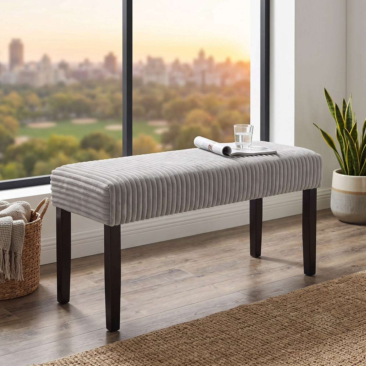 Guymon Modern Rectangular Upholstered Dining Bench with Corduroy Fabric and Wood Legs