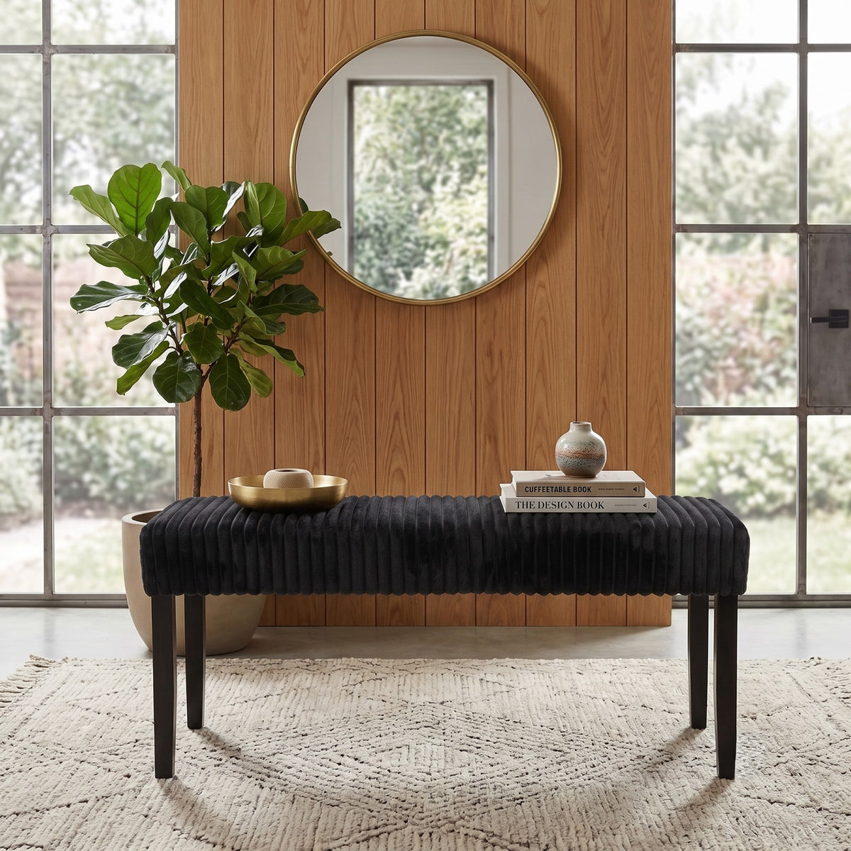 Guymon Modern Rectangular Upholstered Dining Bench with Corduroy Fabric and Wood Legs