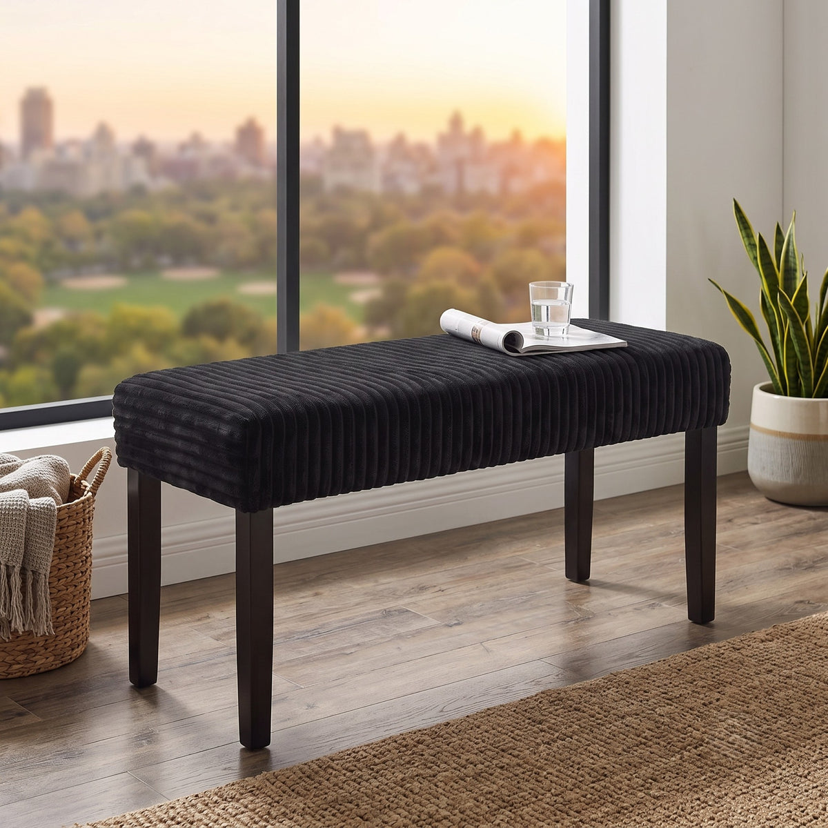 Guymon Modern Rectangular Upholstered Dining Bench with Corduroy Fabric and Wood Legs