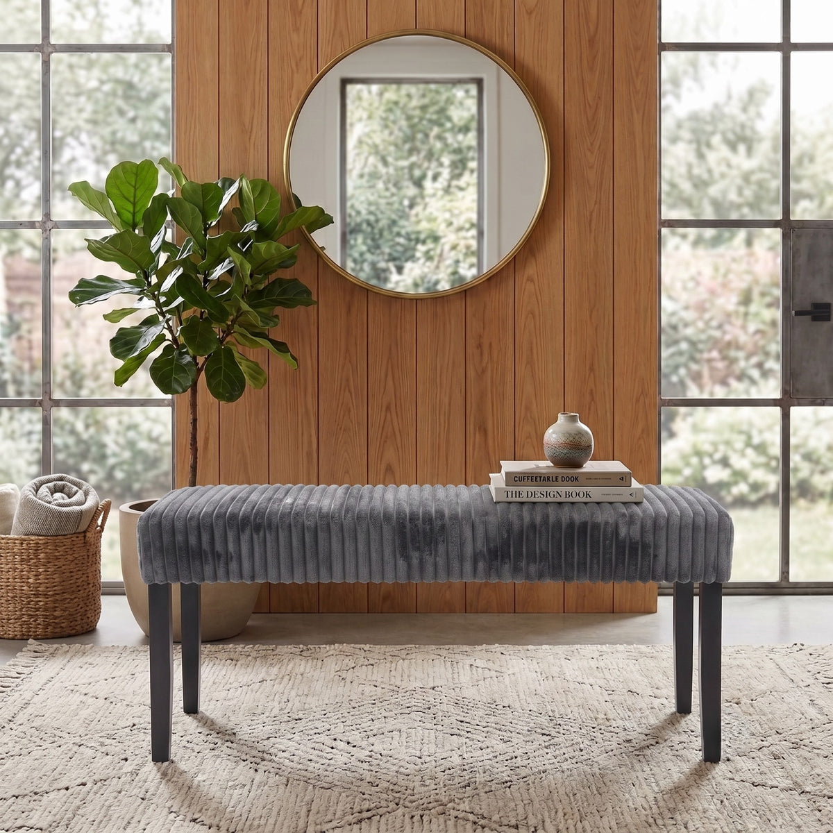 Guymon Modern Rectangular Upholstered Dining Bench with Corduroy Fabric and Wood Legs