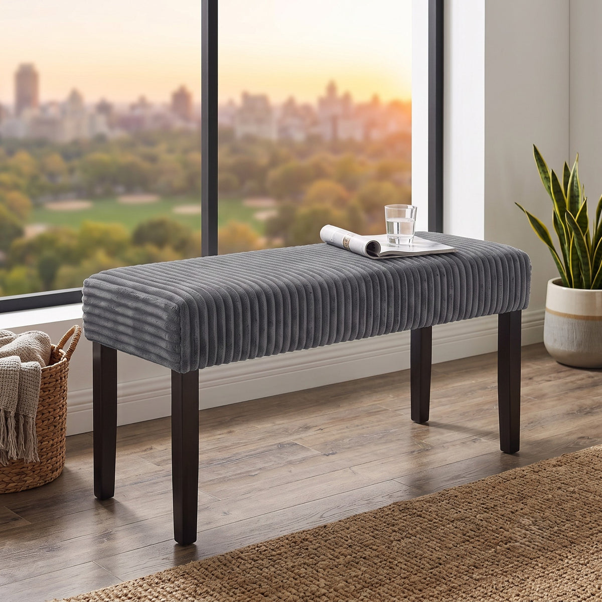 Guymon Modern Rectangular Upholstered Dining Bench with Corduroy Fabric and Wood Legs