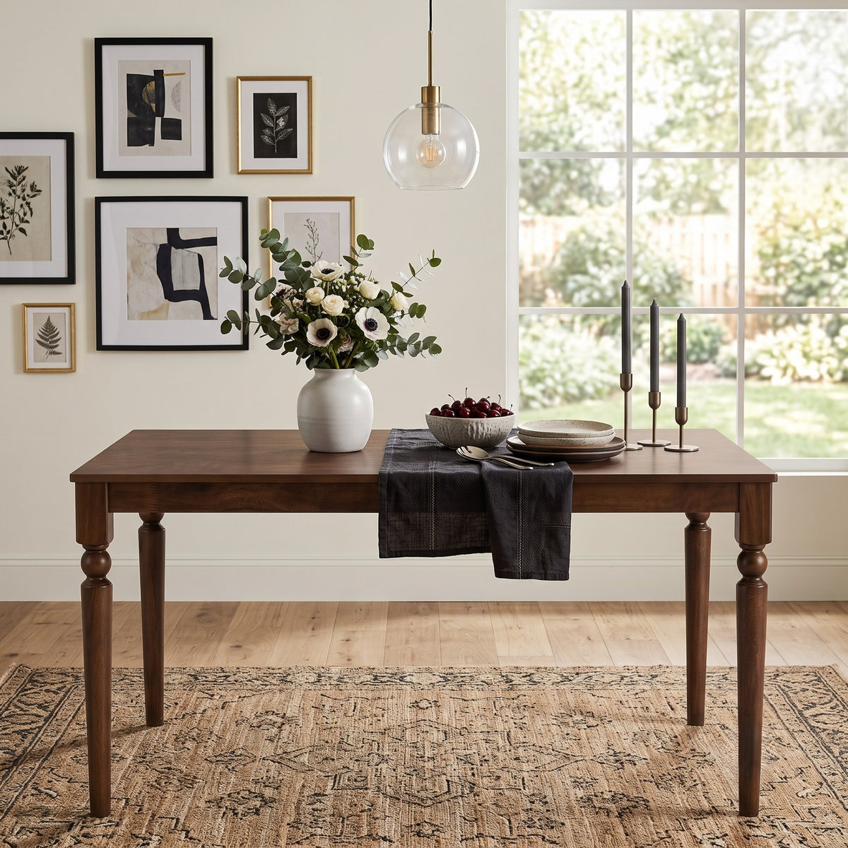 Pryor Dining Table, Modern Rectangular Wood Table with Turned Legs