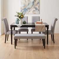 Pryor 6-Piece Dining Table Set- Rectangular Table, Upholstered Chairs and Bench, Modern Turned Legs Design
