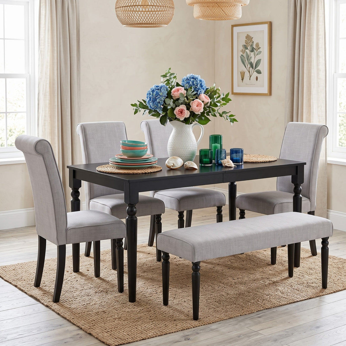 Pryor 6-Piece Dining Table Set- Rectangular Table, Upholstered Chairs and Bench, Modern Turned Legs Design