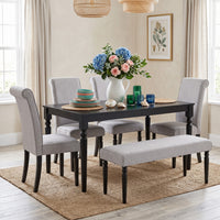 Pryor 6-Piece Dining Table Set- Rectangular Table, Upholstered Chairs and Bench, Modern Turned Legs Design