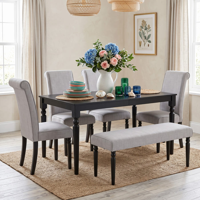 Pryor 6-Piece Dining Table Set- Rectangular Table, Upholstered Chairs and Bench, Modern Turned Legs Design