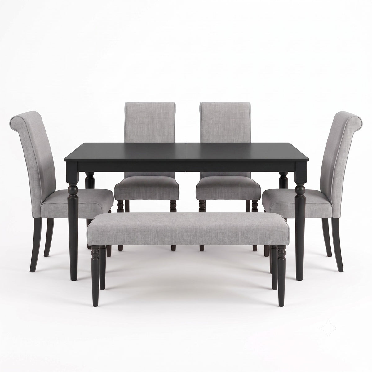 Pryor 6-Piece Dining Table Set- Rectangular Table, Upholstered Chairs and Bench, Modern Turned Legs Design