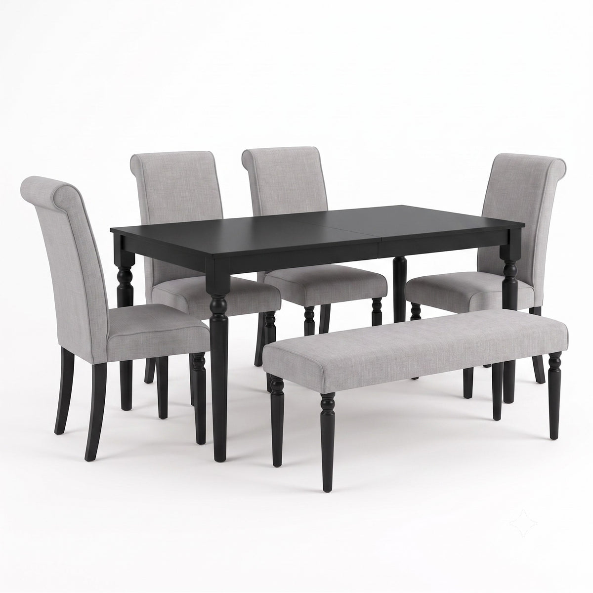 Pryor 6-Piece Dining Table Set- Rectangular Table, Upholstered Chairs and Bench, Modern Turned Legs Design