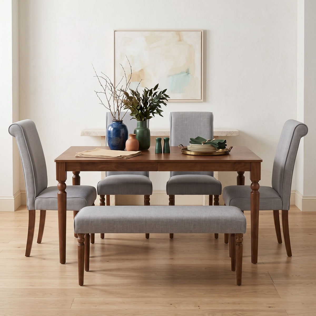 Pryor 6-Piece Dining Table Set- Rectangular Table, Upholstered Chairs and Bench, Modern Turned Legs Design
