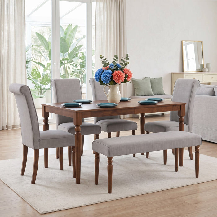 Pryor 6-Piece Dining Table Set- Rectangular Table, Upholstered Chairs and Bench, Modern Turned Legs Design