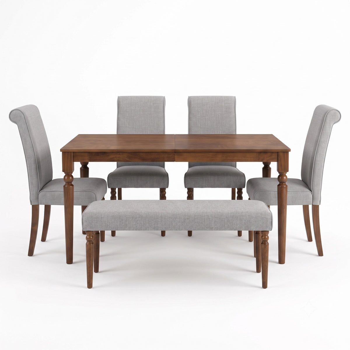Pryor 6-Piece Dining Table Set- Rectangular Table, Upholstered Chairs and Bench, Modern Turned Legs Design