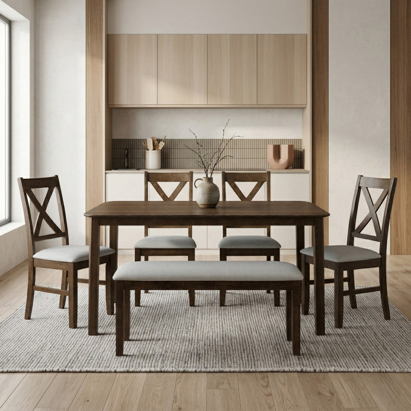 Home Design Vinita 6-Piece Dining Set with Rectangular Table, Cross Back Chairs, and Bench