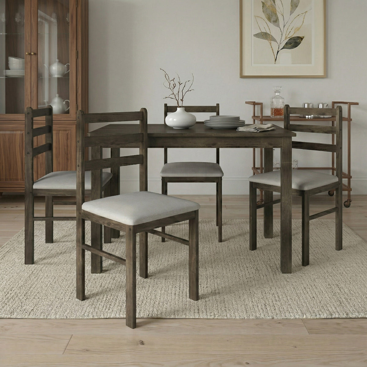 Home Design Lompoc 5-Piece Dining Table Set, Modern Rectangular Table with 4 Warm Gray Linen Upholstered Chairs, Easy Assembly