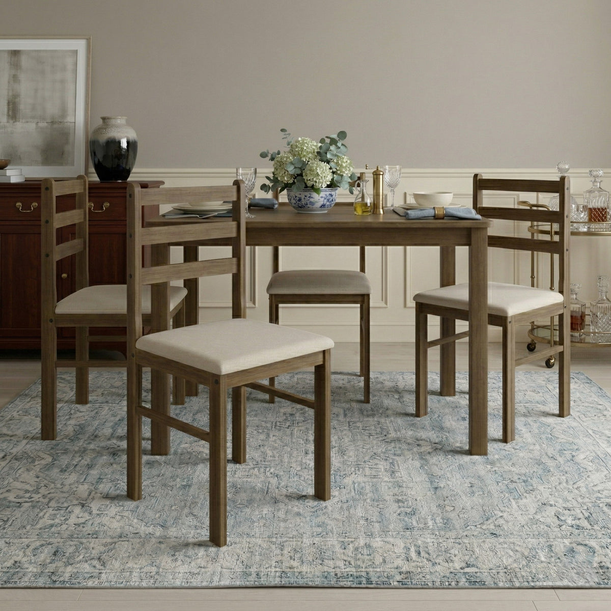 Home Design Lompoc 5-Piece Dining Table Set, Modern Rectangular Table with 4 Warm Gray Linen Upholstered Chairs, Easy Assembly