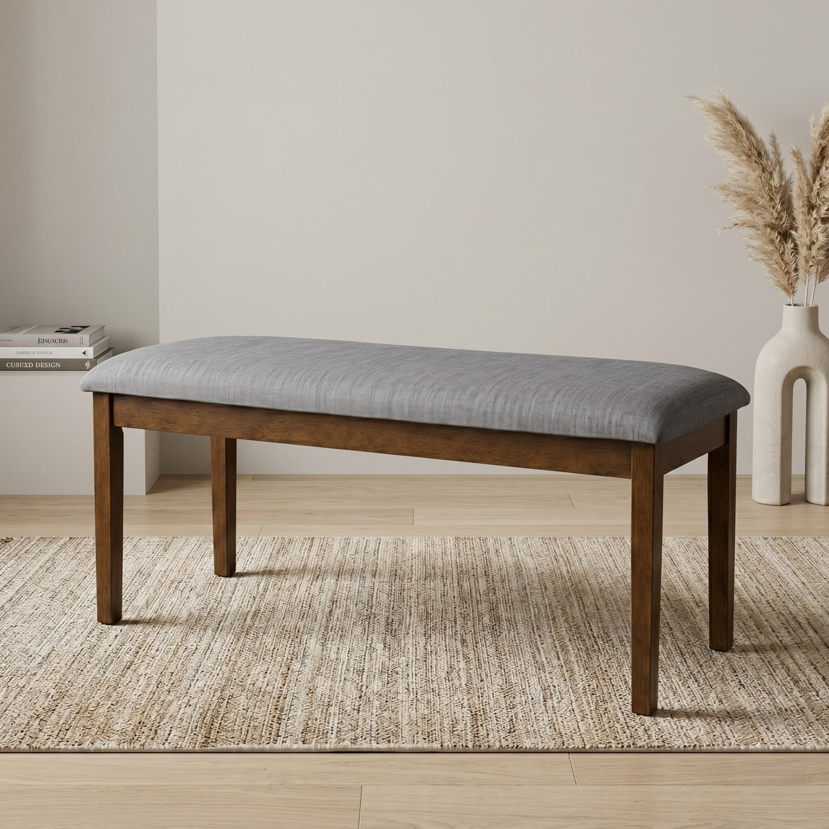 Home Design Easton Dining Set (Set of 6), Rectangular Table, Upholstered Chairs and Bench, Comfortable Gray Linen Upholstered Seat