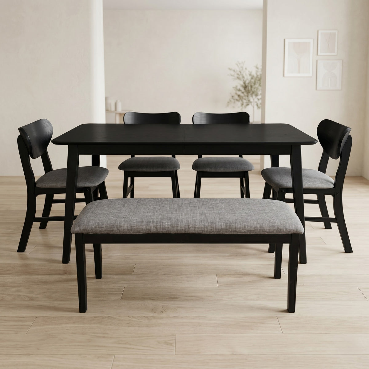 Home Design Easton Dining Set (Set of 6), Rectangular Table, Upholstered Chairs and Bench, Comfortable Gray Linen Upholstered Seat
