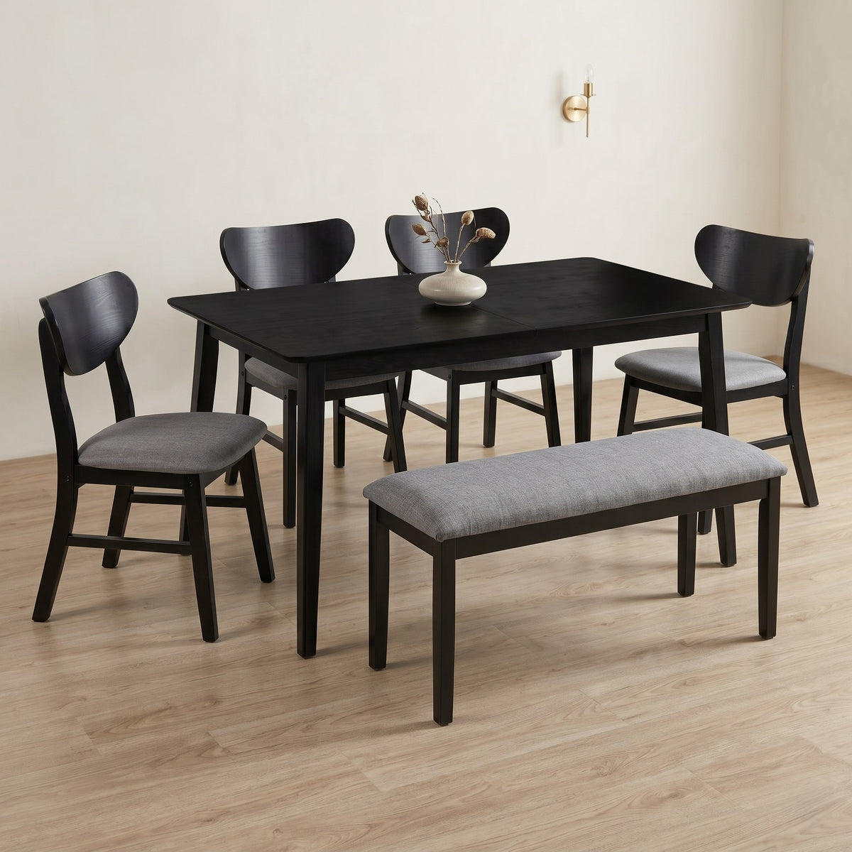 Home Design Easton Dining Set (Set of 6), Rectangular Table, Upholstered Chairs and Bench, Comfortable Gray Linen Upholstered Seat