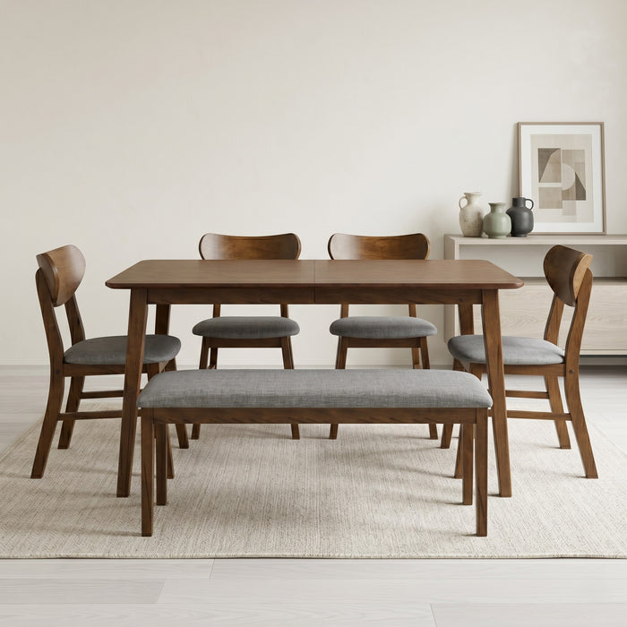 Home Design Easton Dining Set (Set of 6), Rectangular Table, Upholstered Chairs and Bench, Comfortable Gray Linen Upholstered Seat