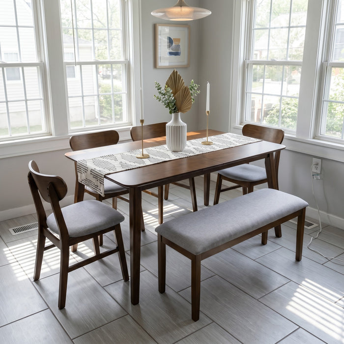 Home Design Easton Dining Set (Set of 6), Rectangular Table, Upholstered Chairs and Bench, Comfortable Gray Linen Upholstered Seat