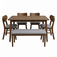 Home Design Easton Dining Set (Set of 6), Rectangular Table, Upholstered Chairs and Bench, Comfortable Gray Linen Upholstered Seat