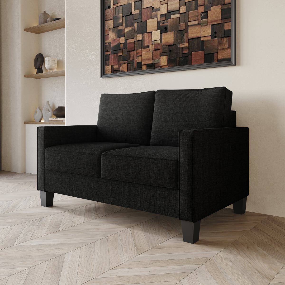 Home Design Marcia 3-Piece Square Arm Living Room Furniture Set with Armchair, Loveseat and Sofa, Black