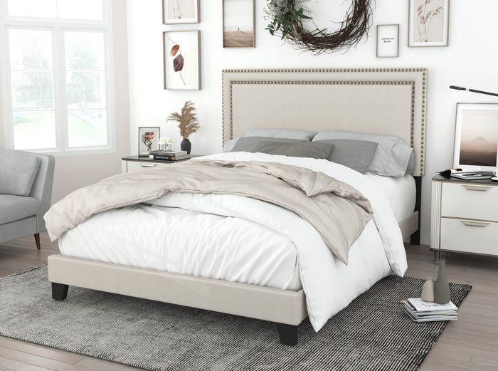 Home Design Adam Upholstered Panel Bed Frame With Nailhead Trim For Adult, Beige