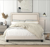 Home Design Adam Upholstered Panel Bed Frame With Nailhead Trim For Adult, Beige