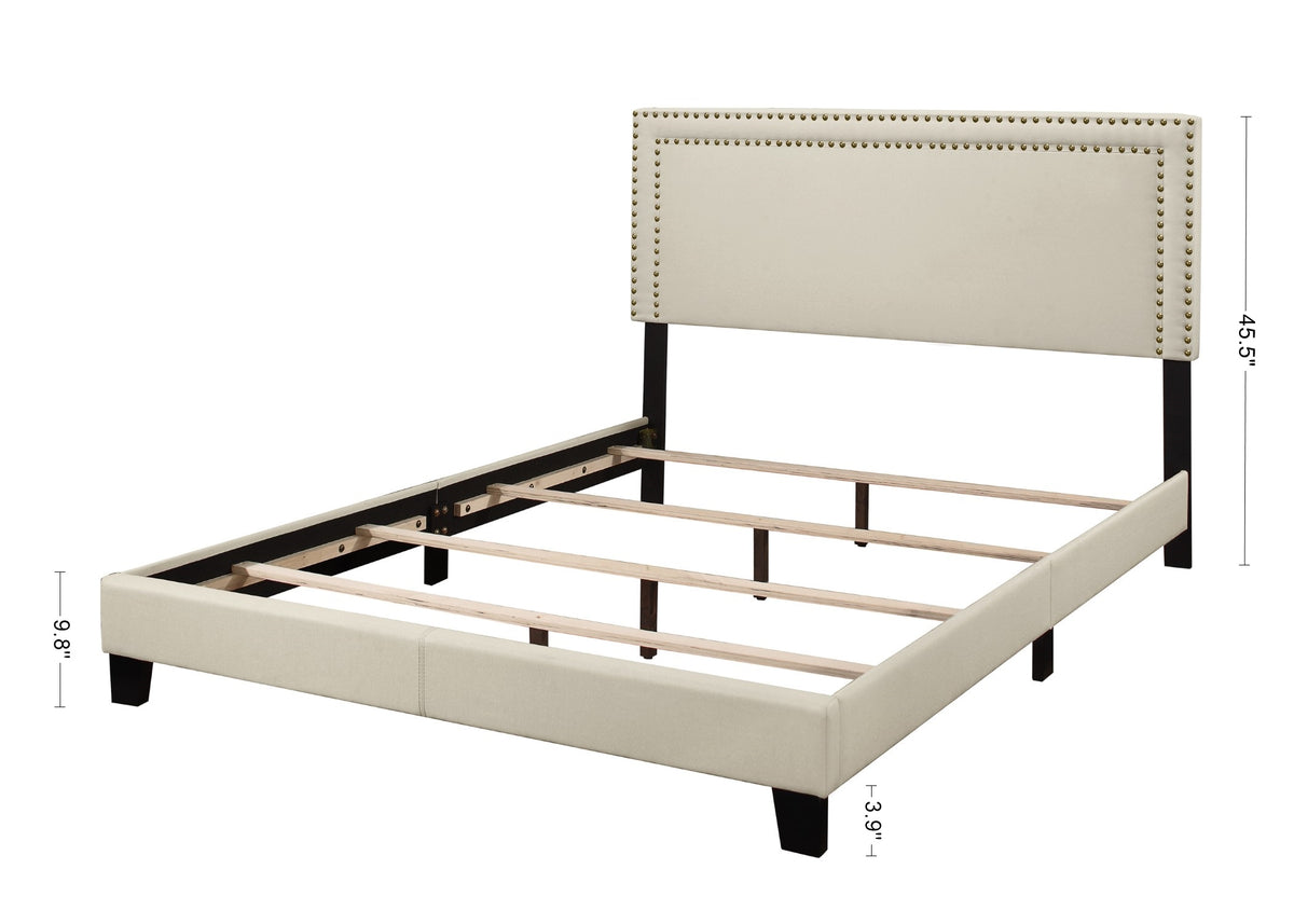 Home Design Adam Upholstered Panel Bed Frame With Nailhead Trim For Adult, Beige