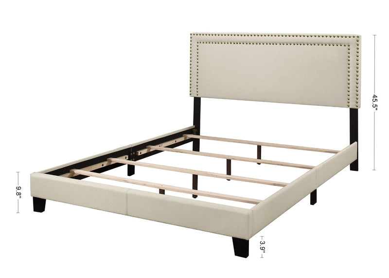 Home Design Adam Upholstered Panel Bed Frame With Nailhead Trim For Adult, Beige