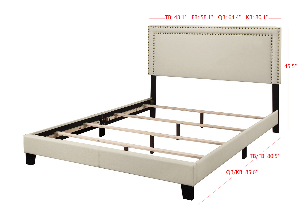 Home Design Adam Upholstered Panel Bed Frame With Nailhead Trim For Adult, Beige
